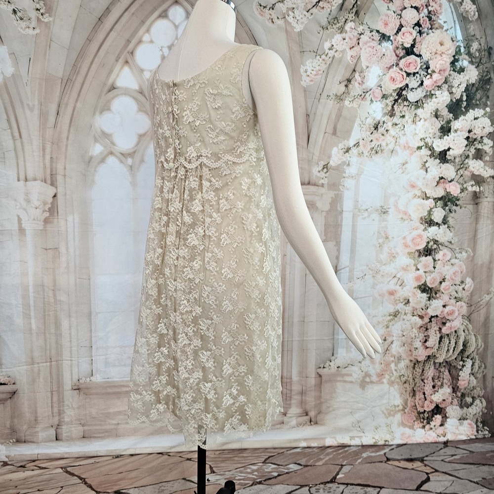 Vintage 1960's Dress Shift Beige Lace Overlay Empire Waist Mod Formal - Picture 9 of 14